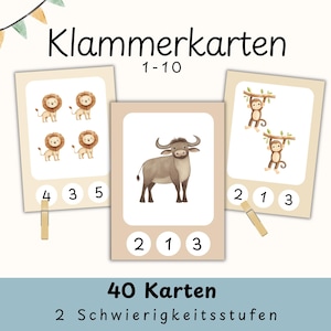 May include: Educational cards with animal illustrations and numbers. The cards feature lions, a buffalo, and monkeys, with numbers 1-5. The text "Klammerkarten" and "40 Karten" are visible. The cards are held together with wooden pegs.