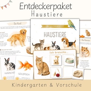 Op de afbeelding: Een educatieve set getiteld Entdeckerpaket Haustiere met geïllustreerde kaarten en werkbladen met dieren zoals honden, katten, konijnen, hamsters en goudvissen. De materialen bevatten Duitse tekst, dierengrafieken en iconen voor dierenverzorging.