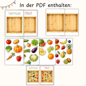 May include: A digital educational set featuring printable sheets with illustrations of various fruits and vegetables, wooden crate graphics, and the German text In der PDF enthalten, Gem&uuml;se, and Obst, designed for sorting and learning activities.