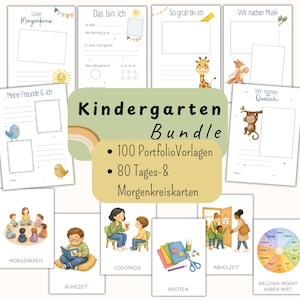 May include: A collection of illustrated kindergarten activity pages. The bundle includes pages with fill-in-the-blank sections, animal illustrations, and activity prompts. The text "Kindergarten Bundle" is displayed prominently, along with the number of portfolio templates and cards.