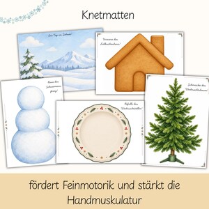 Pu&ograve; includere: Un set di cinque tappetini attivit&agrave; rettangolari con temi natalizi, tra cui un paesaggio montano innevato, una casa di pan di zenzero, un pupazzo di neve, un piatto decorato e un abete, con testo in tedesco stampato su ogni foglio.
