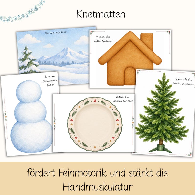 Pu&ograve; includere: Un set di cinque tappetini attivit&agrave; rettangolari con temi natalizi, tra cui un paesaggio montano innevato, una casa di pan di zenzero, un pupazzo di neve, un piatto decorato e un abete, con testo in tedesco stampato su ogni foglio.