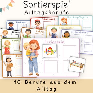 Könnte beinhalten: Ein Set illustrierter Karten mit verschiedenen Berufen, darunter Busfahrer, Friseur, Bäcker, Lehrer und IT-Spezialist. Die Karten haben farbige Ränder und enthalten den Text "Sortierspiel Alltagsberufe" und "10 Berufe aus dem Alltag".