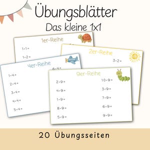 Könnte beinhalten: Multiplikationsarbeitsblätter für Kinder mit Illustrationen einer Schildkröte, eines Flugzeugs, einer Sonne und einer Raupe. Der Text enthält "Übungsblätter" und "Das kleine 1x1". Die Arbeitsblätter sind weiß.