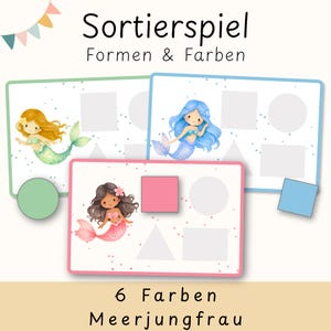 Könnte beinhalten: Drei farbenfrohe Sortierspiele mit Meerjungfrau-Illustrationen. Jedes Brett zeigt eine andere Meerjungfrau und Formen wie Quadrate, Kreise und Dreiecke. Der Text auf den Tafeln lautet "Sortierspiel Formen & Farben" und "6 Farben Meerjungfrau".