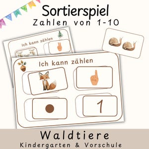 Peut inclure: Jeu de tri éducatif avec le texte "Sortierspiel Zahlen von 1-10" et "Ich kann zählen". Les cartes présentent des illustrations d'animaux, de chiffres et de gestes de la main. Le bas des cartes indique "Waldtiere Kindergarten & Vorschule".