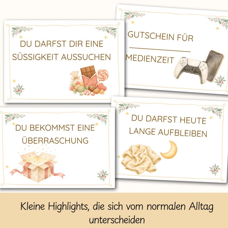 Puede incluir: Cuatro tarjetas rectangulares con bordes color crema y detalles de vegetaci&oacute;n festiva. Las tarjetas presentan texto en alem&aacute;n, incluyendo 'DU DARFST DIR EINE S&Uuml;SSIGKEIT AUSSUCHEN', 'GUTSCHEIN F&Uuml;R MEDIENZEIT', 'DU BEKOMMST EINE &Uuml;BERRASCHUNG' y 'DU DARFST HEUTE LANGE AUFBLEIBEN'.