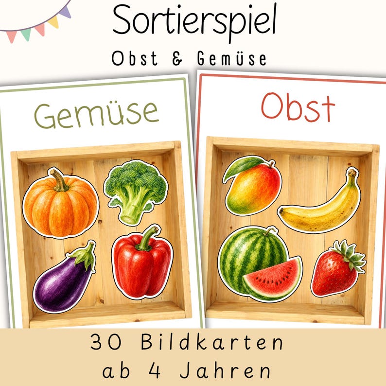 May include: A sorting game with 30 picture cards for children aged 4 and up. The cards feature illustrations of vegetables including a pumpkin, broccoli, eggplant, and pepper, and fruits including a mango, banana, watermelon, and strawberry.
