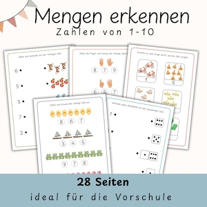 May include: A collection of educational worksheets for preschool children. The worksheets feature colorful illustrations of objects like monkeys, apples, and chicks, along with numbers from 1 to 10. The text on the worksheets reads "Mengen erkennen Zahlen von 1-10" and "28 Seiten".