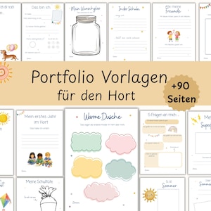 Könnte beinhalten: Eine Sammlung von druckbaren Portfolio-Vorlagen für den Hort, bestehend aus 90 Seiten mit verschiedenen Aufgaben, Illustrationen von Kindern, einem Glas, Wolken und Sonnen. Der Text umfasst Portfolio Vorlagen für den Hort, +90 Seiten, Das bin ich, Mein Wunschglas, In der Schule, Alle meine Freunde, Warme Dusche, 5 Fragen an mich und Es ist Sommer.