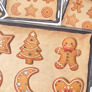 Pu&ograve; includere: Una collezione di ritagli di carta stampata a forma di biscotti di pan di zenzero, tra cui un omino, un albero di Natale, una mezzaluna, un cuore e una stella, disposti su un'immagine stampata di una teglia da forno con carta da forno.