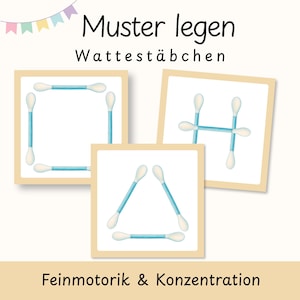 Könnte beinhalten: Drei quadratische Karten mit hellbeigem Rand zeigen Muster aus blauen und weißen Wattestäbchen. Eine Karte zeigt ein Quadrat, eine ein H und eine ein Dreieck. Der Text lautet Muster legen Wattestäbchen und Feinmotorik & Konzentration.