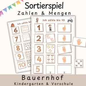 Puede incluir: Juego de clasificación educativo con temática de granja con el texto "Sortierspiel Zahlen & Mengen" y "Bauernhof Kindergarten & Vorschule". El juego presenta tarjetas con números, ilustraciones de animales de granja y gestos con las manos.