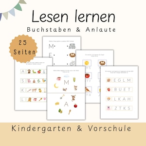 Op de afbeelding: Educatieve werkbladen voor het leren van jonge kinderen. De pagina's bevatten kleurrijke illustraties en Duitse tekst, waaronder de woorden "Lesen lernen" en "Buchstaben & Anlaute". De werkbladen zijn ontworpen voor kleuters en peuters.