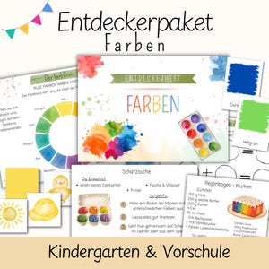 Può includere: Un set di materiali didattici intitolato Entdeckerpaket Farben per la scuola dell'infanzia e prescolare. Il set include una ruota dei colori, un libretto intitolato Farben con illustrazioni ad acquerello, schede dei colori e una ricetta per una torta arcobaleno.