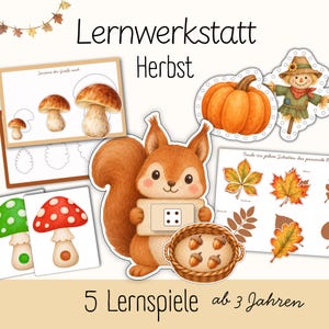 Könnte beinhalten: Lernwerkstatt Herbst Set mit einem Eichhörnchen, das einen Würfel hält, einem Kürbis, einer Vogelscheuche, Pilzen und Blättern. Der Text lautet Lernwerkstatt Herbst und 5 Lernspiele ab 3 Jahren. Enthält Sortier- und Zuordnungskarten.