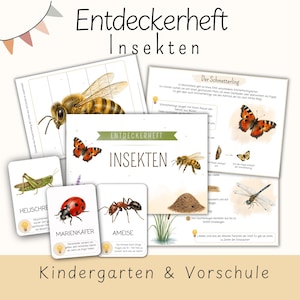 May include: A collection of educational insect-themed cards and worksheets. The title "Entdeckerheft Insekten" is displayed at the top. The cards feature illustrations of insects like bees, butterflies, and ants, along with the text "Kindergarten & Vorschule".