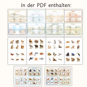 May include: A collection of educational cards featuring various animal illustrations and habitat scenes. The cards are organized by environment, including savanna, polar region, desert, forest, ocean, lake, rainforest, and meadow. Text in German is visible at the top.