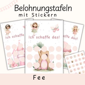 Könnte beinhalten: Drei Belohnungstafeln mit Feenillustrationen und dem deutschen Text "Ich schaffe das!". Die Tafeln haben rosa und beige Farbtöne, mit einem Schloss, einem Baumhaus und einem Pilzhaus. Ein Bogen mit Aufklebern ist ebenfalls enthalten.