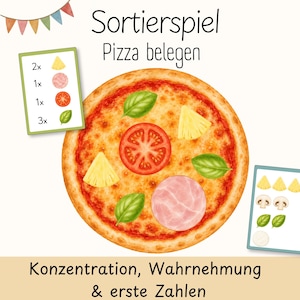 Könnte beinhalten: Ein Pizza-Sortierspiel mit einer zentralen Illustration einer Pizza, belegt mit Tomate, Ananas, Schinken und Basilikum. Zwei Karten zeigen Zutatenmengen, mit dem Text Sortierspiel Pizza belegen, Konzentration, Wahrnehmung & erste Zahlen.