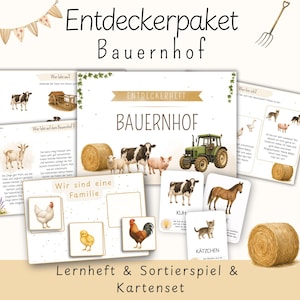 Puede incluir: Un conjunto educativo con temática de granja con el texto "Entdeckerpaket Bauernhof". El conjunto incluye tarjetas con animales de granja, un tractor, balas de heno y el texto "Lernheft & Sortierspiel & Kartenset".
