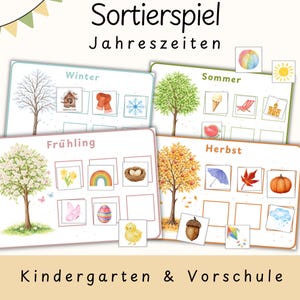 Könnte beinhalten: Lernspiel mit vier jahreszeitlichen Themen: Winter, Frühling, Sommer und Herbst. Jedes Thema enthält eine Baumillustration und zugehörige Bilder wie eine Schneeflocke, Eiscreme und einen Kürbis. Der Text "Sortierspiel Jahreszeiten Kindergarten & Vorschule" wird angezeigt.