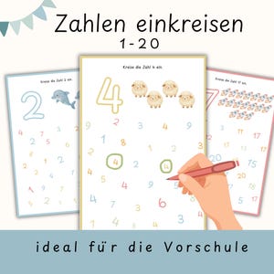 Könnte beinhalten: Lehrreiche Arbeitsblätter für Kinder im Vorschulalter. Das Bild zeigt drei Arbeitsblätter mit Zahlen und Illustrationen. Die Arbeitsblätter sollen Kindern helfen, die richtigen Zahlen einzukreisen. Der Text "Zahlen einkreisen 1-20" steht oben.
