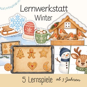 Könnte beinhalten: Ein Set aus Lernspielkarten zum Thema Winter mit einem hölzernen Vogelhäuschen mit Rotkehlchen, einem Schlitten, einer Schneeflocke, einem Fäustling, einer Tasse Kakao, einem Backblech mit Lebkuchen sowie einem Schneemann und einem Rentier.