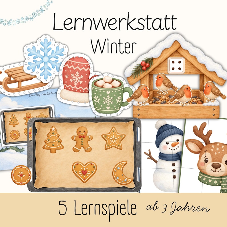 Pu&ograve; includere: Un set di materiali didattici a tema invernale con illustrazioni di una mangiatoia in legno per uccelli con pettirossi, una tazza di cacao, una muffola, una slitta, un fiocco di neve, biscotti di pan di zenzero, un pupazzo di neve e una renna.