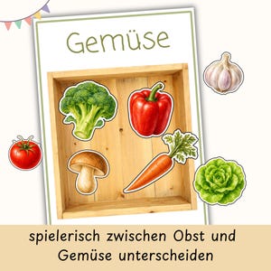 May include: A rectangular educational card with the text Gemuse at the top and spielerisch zwischen Obst und Gem&uuml;se unterscheiden at the bottom. It features a wooden crate illustration containing broccoli, red pepper, mushroom, and carrot.
