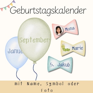 Könnte beinhalten: Ein Geburtstagskalender mit Luftballons, die Monate wie September und Januar zeigen, sowie schleifenförmige Anhänger mit Namen wie Mona, Marie und Jakub, einem Foto, einer Raupenillustration und dem Text Geburtstagskalender.