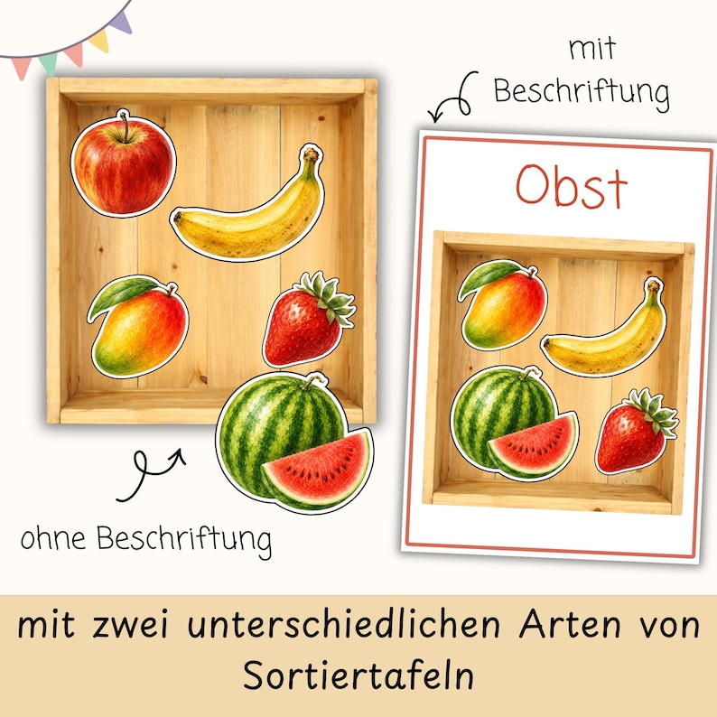 May include: Two wooden sorting trays featuring fruit illustrations including an apple, banana, mango, strawberry, and watermelon. One tray is plain, while the other includes the text 'Obst' and labels. The set displays two different styles of sorting boards.