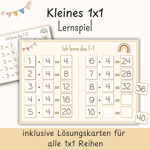 Könnte beinhalten: Ein beigefarbenes Lernspielblatt mit dem Titel "Ich lerne das 1x1", das Multiplikationsaufgaben mit den Zahlen 1 bis 10 multipliziert mit 4 zeigt. Das Blatt enthält eine Regenbogen-Grafik, Wimpel und separate quadratische Karten mit den Ergebnissen 36 und 40.