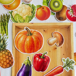 May include: A collection of die-cut stickers featuring various fruits and vegetables, including a pumpkin, eggplant, red bell pepper, carrot, mushroom, pineapple, asparagus, cauliflower, garlic, pear, kiwi, peach, orange, melon, and raspberry.