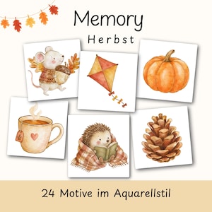May include: A memory game set featuring 24 watercolor illustrations with autumn themes. The cards display a mouse with an acorn, a kite, a pumpkin, a steaming mug with a heart, a hedgehog reading a book, and a pinecone. Text reads Memory Herbst.