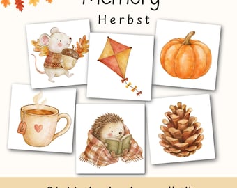 Gioco di memoria autunnale | Gioco Montessori per bambini piccoli | Gioco di memoria stampabile | Materiale per lo sviluppo del linguaggio per la scuola dell'infanzia/prescolare | PDF digitale