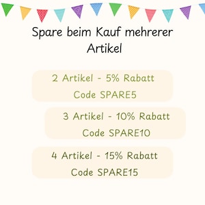 May include: A promotional graphic with text in German, offering discounts on multiple item purchases. The image features colorful bunting at the top and details of discounts for buying 2, 3, or 4 items, with corresponding discount codes.