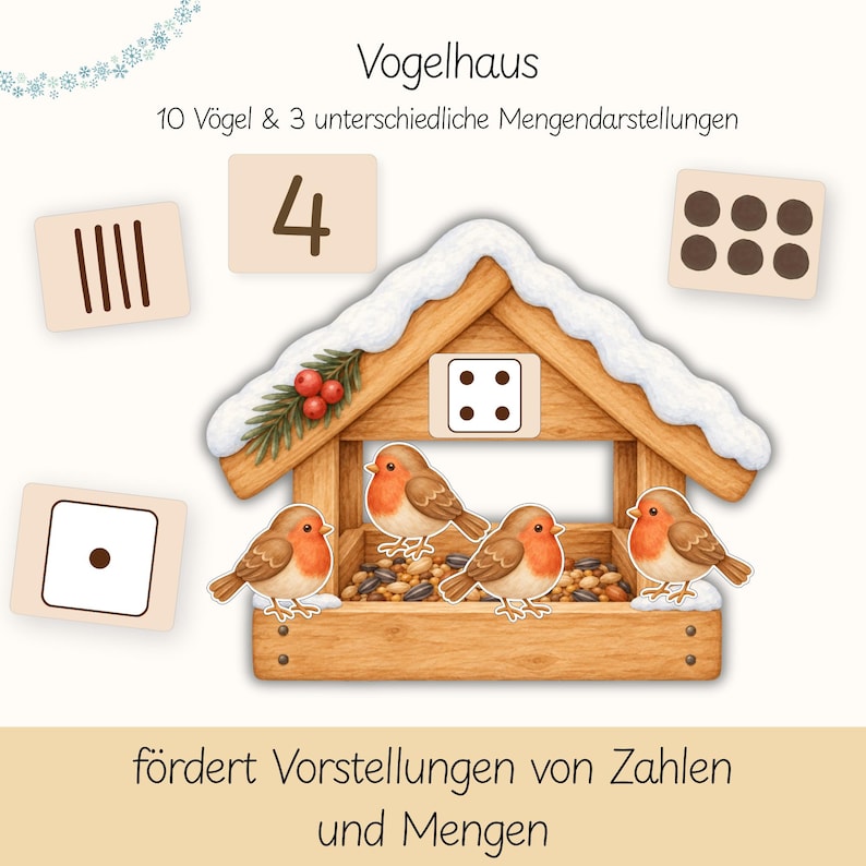 Pu&ograve; includere: Un'illustrazione di una mangiatoia per uccelli in legno con neve sul tetto, tre pettirossi e semi sparsi. L'immagine include il testo: Vogelhaus, 10 V&ouml;gel & 3 unterschiedliche Mengendarstellungen, e f&ouml;rdert Vorstellungen von Zahlen und Mengen.