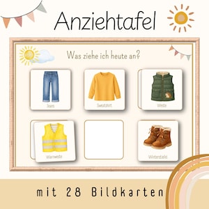 以下が含まれることがあります： Anziehtafelと題された長方形の着替えボード。Was ziehe ich heute an?というテキストと6つの正方形の枠があります。枠には青いジーンズ、黄色いスウェットシャツ、緑のベスト、反射ベスト、茶色の冬用ブーツのイラストが描かれています。