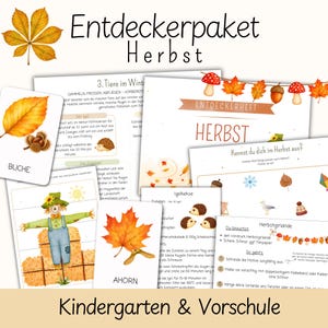 Puede incluir: Un conjunto de hojas de actividades educativas y tarjetas didácticas con temática otoñal para niños. Los materiales incluyen ilustraciones de hojas, un espantapájaros, erizos y setas, con texto en alemán como Entdeckerpaket Herbst y Kindergarten & Vorschule.