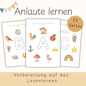 Op de afbeelding: Drie educatieve alfabetpagina's met aquarel illustraties. De pagina's bevatten de letters A, B en C, omringd door afbeeldingen van objecten die met elke letter beginnen. De tekst "Anlaute lernen" en "Vorbereitung auf das Lesenlernen" zijn zichtbaar.