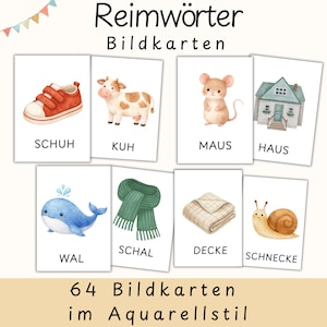 Puede incluir: Un conjunto de tarjetas ilustradas con palabras alemanas, incluyendo zapato, vaca, ratón, casa, ballena, bufanda, manta y caracol. Las tarjetas son de estilo acuarela y contienen el texto "Reimwörter Bildkarten" y "64 Bildkarten im Aquarellstil".