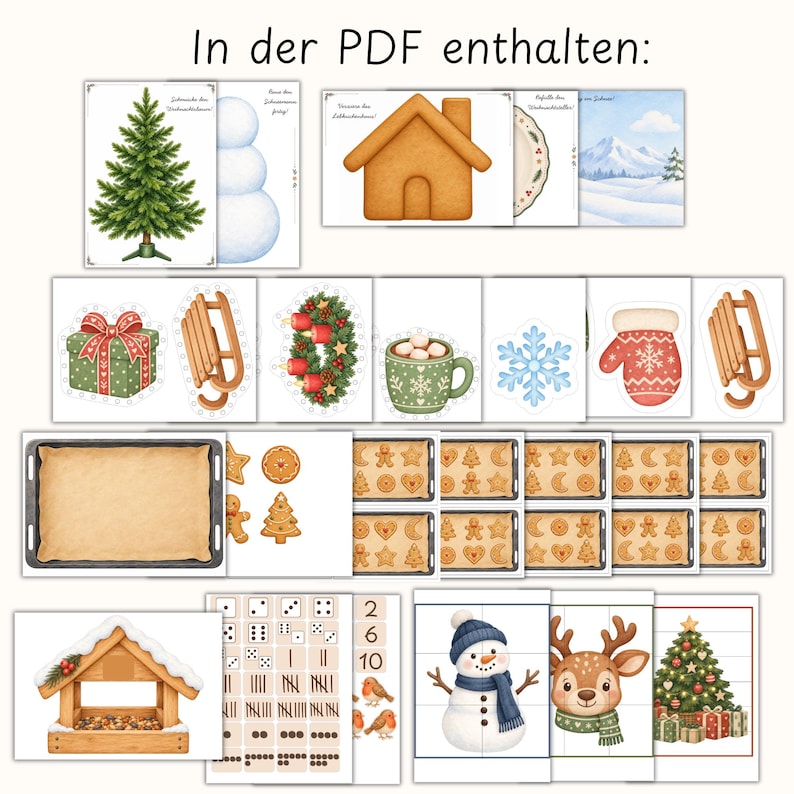 Pu&ograve; includere: Una raccolta di fogli di attivit&agrave; stampabili con illustrazioni a tema natalizio che includono un albero, un pupazzo di neve, una casa di pan di zenzero, un regalo, una slitta, una ghirlanda, cacao, un fiocco di neve, una muffola, biscotti, una mangiatoia, dadi e una renna.