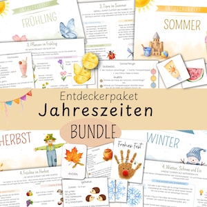 Puede incluir: Una colección de hojas de actividades educativas titulada Entdeckerpaket Jahreszeiten BUNDLE, con temas estacionales e ilustraciones de flores de primavera, escenas de playa de verano, hojas de otoño y nieve de invierno, incluyendo texto en alemán.