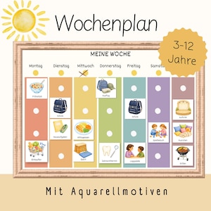 Könnte beinhalten: Ein Wochenplan mit der Überschrift Wochenplan und MEINE WOCHE sowie einer gelben Sonne. Er enthält Spalten für die Wochentage mit farbigen vertikalen Streifen und kleinen quadratischen Karten, die tägliche Aktivitäten wie Schule, Mahlzeiten und Sport zeigen. Ein gelbes Abzeichen trägt die Aufschrift 3-12 Jahre.