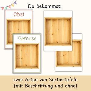 May include: Four rectangular cards featuring images of light-colored wooden crates. Two cards include the German text Obst and Gem&uuml;se, while two cards show only the wooden crate image. The top text reads Du bekommst and the bottom text reads zwei Arten von Sortiertafeln (mit Beschriftung und ohne).