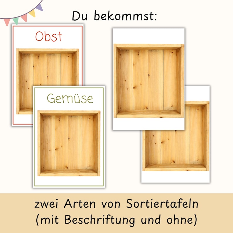 May include: Four rectangular cards featuring images of light-colored wooden crates. Two cards include the German text Obst and Gem&uuml;se, while two cards show only the wooden crate image. The top text reads Du bekommst and the bottom text reads zwei Arten von Sortiertafeln (mit Beschriftung und ohne).