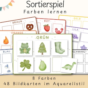Gioco di abbinamento per imparare i colori | Gioco educativo Montessori in PDF | Carte illustrate ad acquerello | Attività per asili nido, scuole materne e bambini piccoli