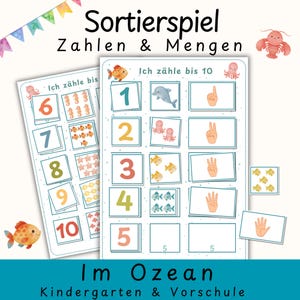 Op de afbeelding: Educatief sorteerspel met de tekst "Sortierspiel Zahlen & Mengen" en "Ich zähle bis 10". Het spel bevat kaarten met cijfers, illustraties van zeedieren en teloefeningen. De onderkant van de afbeelding luidt "Im Ozean Kindergarten & Vorschule".