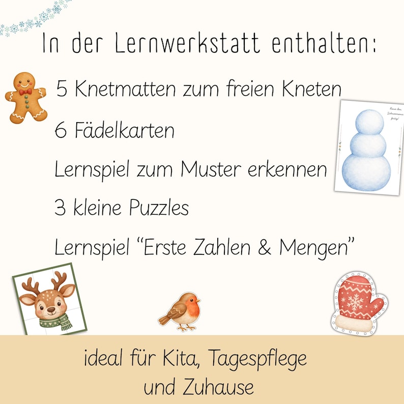 Pu&ograve; includere: Un set educativo digitale intitolato In der Lernwerkstatt enthalten con un omino di pan di zenzero, una carta con pupazzo di neve, un puzzle di renna, un pettirosso e una muffola. Il testo elenca 5 Knetmatten, 6 F&auml;delkarten, giochi e vari puzzle.